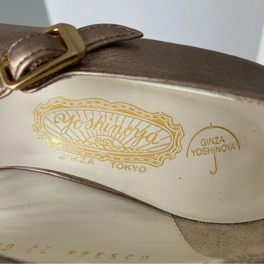 Yoshinoya Ginza‎ Tokyo Rose Gold Metallic Leather Mary Jane Block Heels Japan 22